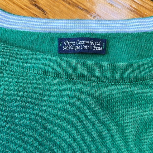 Tommy Hilfiger Pima Cotton sweater. Green/navy stripe gold buttons, Size Large. - Picture 3 of 13